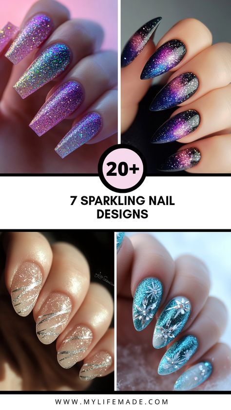 Discover 7 sparkling nail design ideas to bring a dazzling touch to your next manicure. These eye-catching styles are perfect for parties, special occasions, or just to add some shine to your everyday look. From glitzy glitter to elegant shimmer patterns, express your unique style with these fun nail art tips. Explore ideas for every nail shape and length, and let your creativity sparkle. Perfect your at-home manicure skills with these trendy designs that boost your vibes and showcase your personal flair. Magic Nails Design, Sparkly Chrome Nails, Nail Encapsulated Design, Glitter Birthday Nails, Nail Stamp Designs, Cats Eye Nails Design Ideas, Short Fall Nail Designs, Short Fall Nail, Holographic Nail Designs