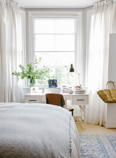 Creating the Perfect Bedroom Office Space - Anita Yokota Bedroom Desk Layout, Bay Window Bedroom, Bedroom Office Space, Window Desk, Bedroom Workspace, Ikea Curtains, Bow Window, Bedroom Desk, Perfect Bedroom