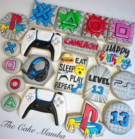 PlayStation cookies Level Up Cookies Decorated, Playstation Cookies Decorated, Playstation Party Decorations, Gamer Cookies Decorated, Playstation Cookies, Playstation Birthday Party Ideas, Video Game Cookies, Gamer Cookies, Xbox Birthday Party