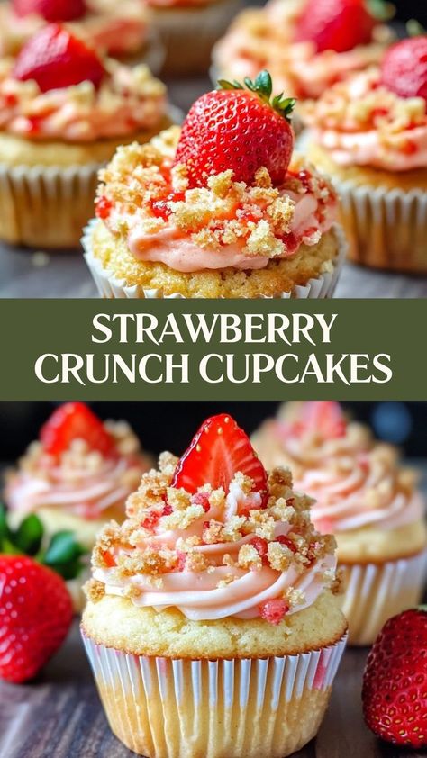 A perfect bite of nostalgia—Strawberry Crunch Cupcakes combine a creamy, dreamy strawberry flavor with a satisfying crunch for a sweet treat like no other! 🍓🧁 #StrawberryLove #CrunchyGoodness #CupcakeDelight #NostalgicTreat #BerryBliss #SweetCravings #CupcakePerfection #DessertGoals #BerryCrunch #TastyBites 🍓🧁 Cupcakes Strawberry Decoration, Valentine’s Day Cupcake Recipes, Strawberry Shortcake Crumble Cupcakes, Strawberry Stuffed Cupcakes, Cute Cupcake Recipes, Valentines Desserts Recipes, Strawberry Shortcake Cupcakes Recipe, Strawberry Cupcake Ideas, Strawberry Birthday Cupcakes