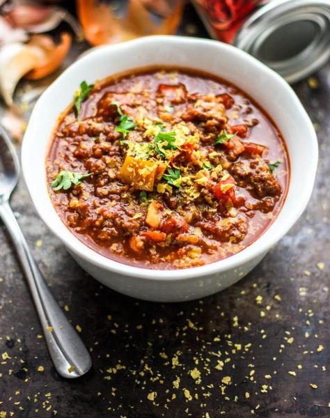 Whole30 Chili With Cauliflower - Miss Allie's Kitchen Cauliflower Chili Recipe, Freezer Chili, Cauliflower Chili, Whole30 Chili, Side Dish Ideas, Chili Rice, Dish Ideas, Whole30 Recipes, Paleo Whole 30