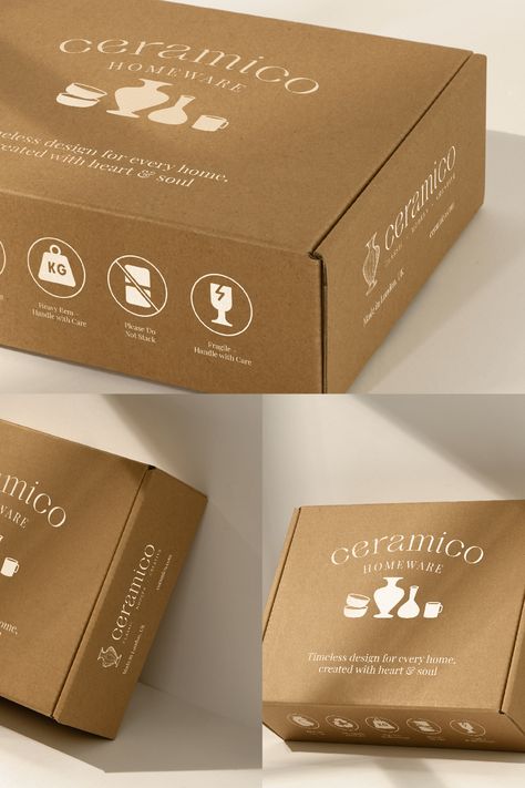 Minimal Mailer Box Brown Packaging Design for Homeware Studio Brown Box Packaging Design, Minimal Box Packaging, Brown Packaging Design, Homeware Packaging, Ceramic Logo Design, Ceramic Branding, Packaging Design Minimalist, Pottery Packaging, Ceramic Logo