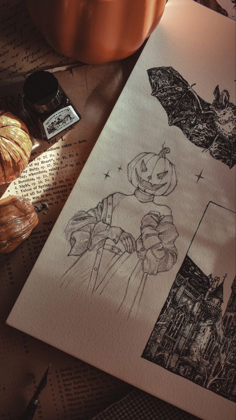 Spooky Line Drawing, Bat Ink Drawing, Halloween Sketches Aesthetic, Pumpkin Illustration Drawing, Sketchbook Ideas Halloween, Autumn Sketchbook Ideas, Fall Drawings Autumn Easy, Halloween Love Drawings, Fall Sketchbook Ideas