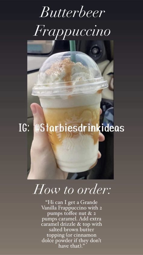 Dunkin Donuts Menu, Butterbeer Frappuccino, Frappuccino Starbucks Secret Menu, Vanilla Frappuccino, Starbucks Drink Menu, Starbucks Secret Menu Recipes, Secret Starbucks Recipes, Frappe Recipe, Toffee Nut