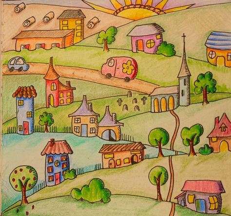 Love the soft watercolor-y look.  Also really enjoy the whimsical, simple doodles. Village Sketch Drawing, Easy Village Drawing, Community Drawing Easy, Town Drawing Simple, Village Drawing Easy, Dream Community Drawing, Ideal Community Drawing, Village Doodle, Village House Drawing