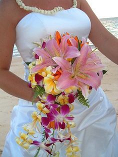 Stargazer Lily & plumeria wedding bouquet - Colorful + gorgeous - Mel C. Plumeria Wedding, Plumeria Bouquet, Hibiscus Bouquet, Hibiscus Wedding, Tropical Bridal Bouquet, Beach Wedding Decorations Reception, Spring Wedding Bouquets, Beach Wedding Flowers, Stargazer Lily