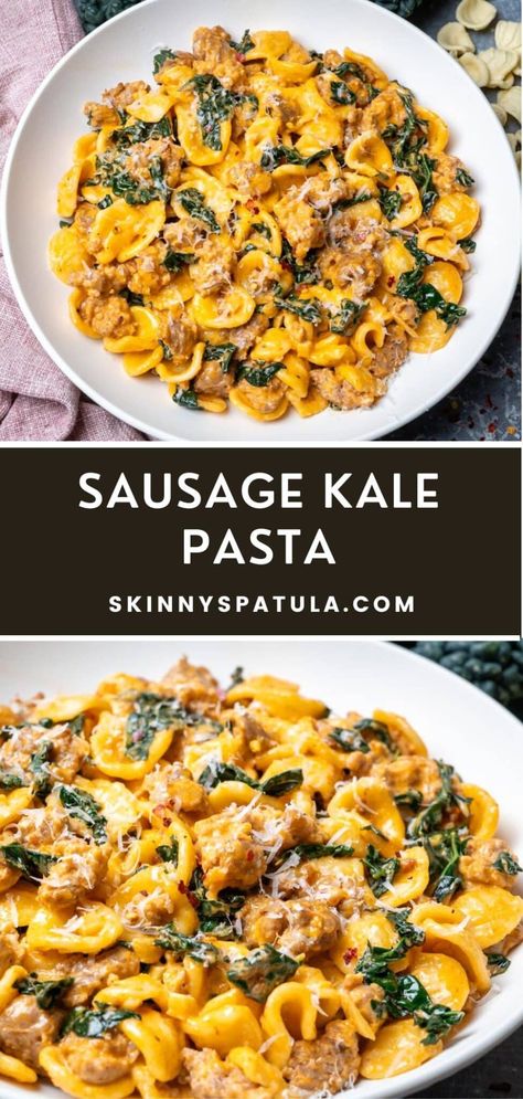 Sausage Kale Pasta – Skinny Spatula Creamy Sausage And Kale Pasta, Healthy Dinner Recipes With Kale, Sausage Kale Recipes, Kale Pasta Bake, Dishes With Kale, Healthy Sausage Pasta, Kale Sausage Pasta, Pasta With Kale Recipes, Easy Hello Fresh Recipes