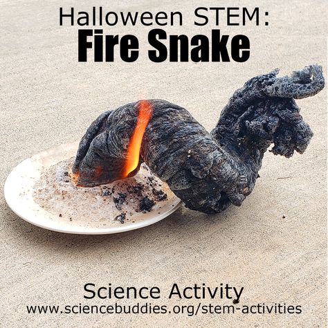 Spooky #Halloween #STEM -- Explore chemical reactions with an eerie "fire snake" that seems to grow out of nowhere.   #scienceactivity #HalloweenScience #scienceteacher #scienceproject #K12science #scienceisfun #science #sciencefair Halloween Research Projects, Preschool Fire Experiment, Dirt Science Experiment, Fire Experiments For Preschoolers, Easy Chemical Reaction Experiments, Spooky Experiments For Kids, Reactive Science Experiments, Science Experiments For Middle Schoolers, Science Experiments For Halloween