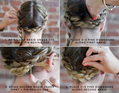 milkmaid braids tutorial - part 2 Wrap Around Braid Tutorial, Milkmaid Braids Short Hair, Braids Wrapped Around Head, Braid Wrap Around Head, Milk Maid Braids Short Hair, Short Hair Milkmaid Braid, Around The Head Braid, Easy Milkmaid Braid, Braid All The Way Around Head