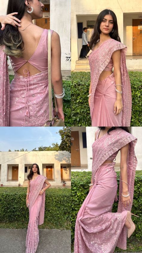 Saree Styles For Graduation Ceremony, Heels For Saree For Women, Poses Wearing Saree, Ferwell Saree Look, Saree For 12th Farewell, Saari Designs Latest Farewell, Farewell Inspo Saree, Pose For Indian Outfit, Blouse Designs For Girls Saree