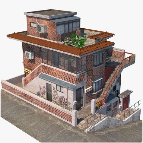 Korean Rooftop House, Korea Rooftop House, Korean Rooftop House Ideas, Sims 4 Korean Build, Korean House Plan, Modern Korean House Exterior, Korean Houses, Japanese Townhouse, Japanese Apartment Building