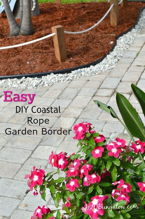 DIY coastal rope garden border fence tutorial. Works for any size area, make a rope fence short or tall. Simple one day DIY H2OBungalow Driveway Bridge, Garden Border Fence, Garden Styling, Plastic Garden Edging, Rope Fence, Rope Railing, Cottage Outdoor, Rope Projects, Garden Border