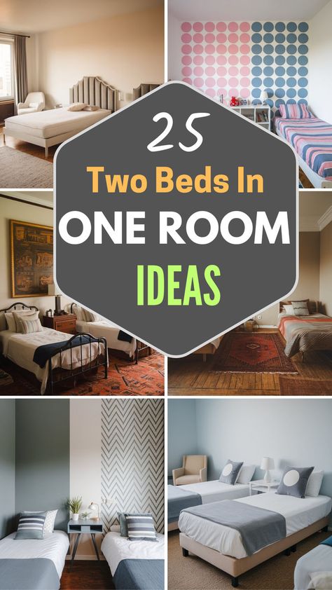 This image showcases "25 Two Beds in One Room Ideas," featuring various room designs with two beds in different layouts. The spaces include modern and cozy themes with creative color schemes, such as stripes, geometric patterns, and neutral tones, offering inspiration for shared bedrooms. Bedroom With Two Full Size Beds, 2 Beds Small Room Ideas, Arranging Twin Beds In A Small Room, Twin And Full Size Bed In One Room, Guest Bedroom Ideas Two Full Beds, 2 Queen Size Beds In One Room, Bedroom Layout Two Beds, Two Bed Small Room Ideas, Full Size And Twin Bed In Same Room