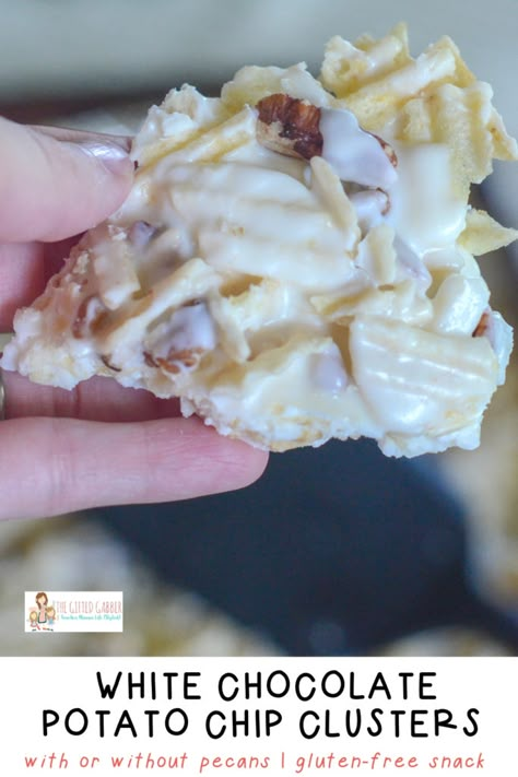 No Bake Potato Chip Cookies, Potato Chip Clusters Recipe, Snacks With White Chocolate, Potato Peanut Butter Candy, Potato Chip Dessert Recipes, Potato Chip Treats, White Chocolate Potato Chip Clusters, Potato Chip Chocolate Clusters, Potato Chip Candy Recipe