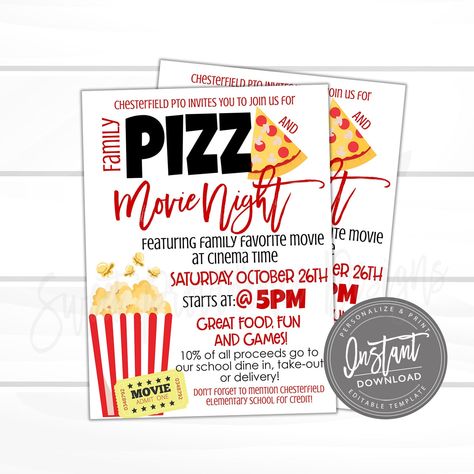 Pizza and Movie Night Flyer School or Church Pizza Party PTO | Etsy Canada Mops Leadership, Pizza And Movie Night, Pto Flyers, Movie Night Flyer, Sunshine Committee, Pta Ideas, Fun Fundraisers, School Fundraising, Pto Ideas