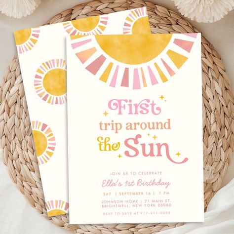 First Trip Around the Sun Boho Retro 1st Birthday Sun First Birthday, Sun Birthday Invitation, Sunshine First Birthday, First Birthday Invite, Sun Birthday, First Trip Around The Sun, Boho Invitations, First Birthday Party Decorations, Birthday One