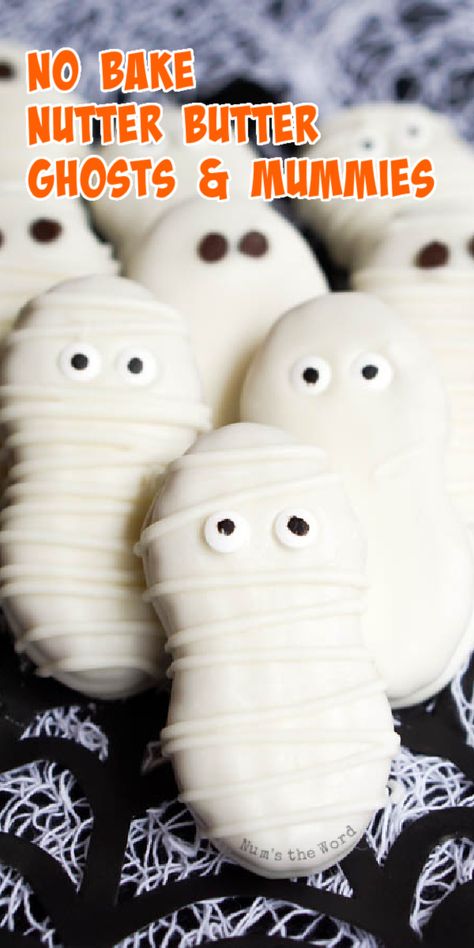 These No Bake Mummy Cookies have only 3 ingredients and take 10 minutes to whip up!�  Nutter Butter Ghosts and Nutter Butter Mummies are a fun Halloween treat that even the smallest of kids can help make. #cookie #cookies #chocolate #whitechocolate #mummy #ghost #mummycookie #ghostcookie #mummycookies #halloweencookies #nutterbutterghost #nutterbuttermummy #numstheword Halloween Dessert Recipes Easy, Mummy Cookies, Strawberry Ideas, Easy Halloween Cookies, Amazing Cookie Recipes, Halloween Deserts, Halloween Cookie Recipes, Chocolate Covered Cookies, Halloween Tricks