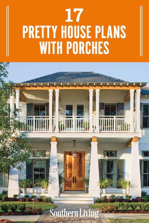 House With Double Porch, Double Front Porch House, Two Story Porch Ideas, Low Country House Exterior, House Plan Screened Porch, House Plans With Big Porches, House Plans With Large Front Porch, Stacked Porch House Plans, Southern Homes With Porches