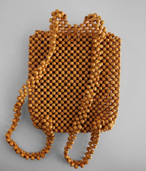 Violet Ray Wood Bead Backpack - Women's Bags in Dark Natural | Buckle Beaded Backpack, Wooden Bag, Pearl Bag, Beaded Handbag, Beaded Purses, Beaded Bags, Crochet Handbags, Womens Backpack, Wood Beads