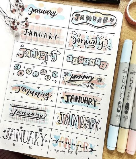 16 Best January Bullet Journal Headers to Copy - atinydreamer Headers For Journal, Bujo Text Ideas, Title Banner Ideas, Title Ideas Months, Journal Ideas Heading, Heading For Journal, Heading Title Ideas, Titles And Headers, Different Ways To Write Titles