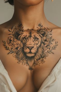 Lioness Chest Tattoo For Women, Animal Chest Tattoo Female, Girly Chest Piece Tattoos, Bee Chest Tattoo Female, Women’s Full Chest Tattoo, Tattoo Ideas Female Chest, Womens Chest Tattoo Ideas, Animal Chest Piece Tattoo, Upper Chest Tattoos For Women