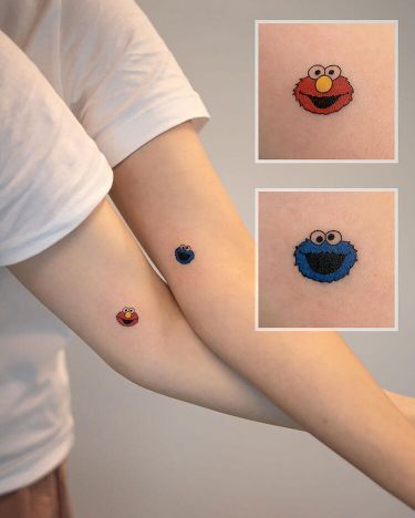 Sesame Street Tattoo, Matching Friendship Tattoos, Cookie Monster And Elmo, Realistic Tattoo Ideas, Pop Culture Tattoos, Friendship Tattoo, Strawberry Tattoo, Culture Tattoos, Tiny Tattoos For Women