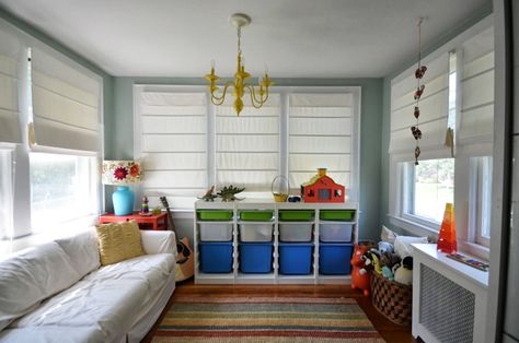 In the Little Yellow House: Then & Now: Sunroom to Playroom Sunroom Playroom Ideas, Sunroom Playroom, Toy Storage Shelves, Living Room Storage Cabinet, Interior Decorating Living Room, Homeschool Room, Playroom Storage, Jewelry Clothing, Playroom Ideas