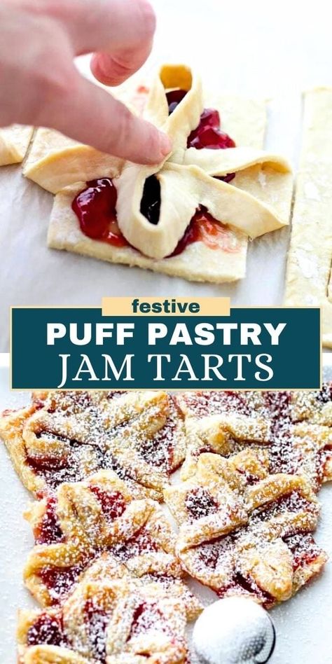 These sweet Raspberry Jam Puff Pastries are deliciously crispy and flaky, made with just four ingredients, and baked until warm and golden. They're perfect for a holiday party or as a quick, delightful breakfast treat. Christmas Puff Pastry Desserts, Puff Pastry Jam, Recipe Using Jam, Raspberry Pastry, Puff Pastry Breakfast, Cruffin Recipe, Xmas Morning, Puff Pastry Recipes Dessert, Pastries Recipes Dessert