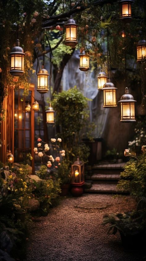 Hanging Lanterns In Trees, Hanging Lights Tree, Lantern Hanging From Tree, Backyard Lanterns Hanging, Magical Front Yard, Fantasy Garden Ideas, Secret Garden Aesthetic Night, Magical Garden Aesthetic, Lanterns On Trees