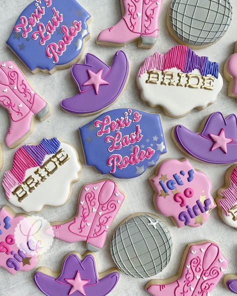 Cowtown Cookie Co. on Instagram: “Saddle up ladies, it’s Lexi’s last rodeo���👰💕🎉⭐️💜 Can we please talk about this theme?!! Disco cowgirl, Spacey Kacey, meets Shania Twain🎉🙌🏼💕 I’m…” Shania Twain First Birthday Theme, Bachelorette Party Shania Twain, Shania Twain Cookies, Disco Cowgirl Bachelorette Cookies, Ranch Bachelorette, Let’s Go Girls Birthday Party, Cowgirl Themed Bachelorette Party, Bachelorette Party Cookies, Cowgirl Cookies