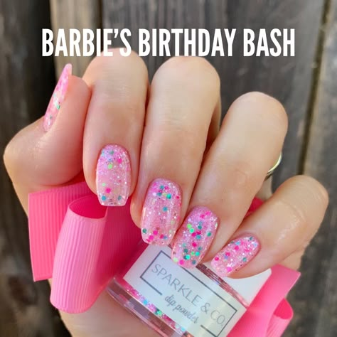 Rainbow Nails Sparkle, Colorful Nails Glitter, Birthday Confetti Acrylic Nails, Barbie Dip Powder Nails, Birthday Party Nails Ideas, Fluro Nail Designs, Sns Nails Designs Birthday, Barbie Sns Nails, Cute Pink Glitter Nails