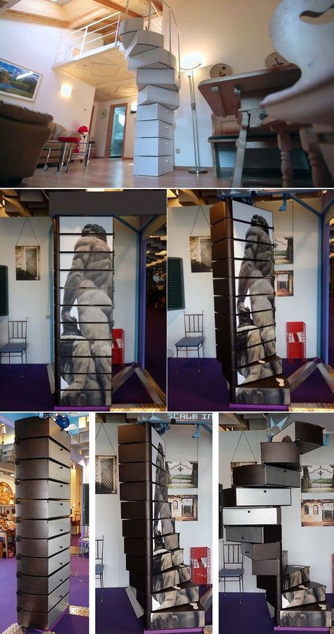 We’ve seen endless staircase designs but this one from Italian company B PIÙ s.r.l. has something immensely unique. Meet ECLETTICA, a folding spiral staircase that hides within storage space. Interestingly, each of its steps can be used as a storage compartment, bookcase, shoe rack or bottle holder – probably storage space for anything that you can stuff into this vertical stack of drawers. Endless Staircase, Under Stair Storage, Space Home Decor, Under Stair, Split Entry, Diy Space Saving, Staircase Designs, Staircase Storage, Small Entryways