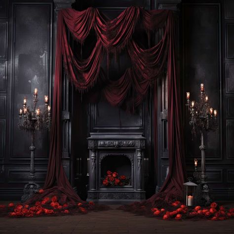 Gothic Party Backdrop, Gothic Set Design, Vintage Vampire Aesthetic, Rooms With Dark Walls, Horror Films Aesthetic, Dreary Aesthetic, Gothic Ballroom, Vampire Lair, Bride Of Dracula