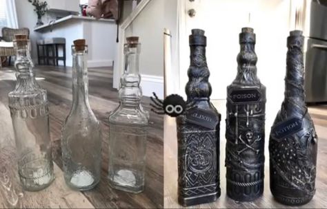 Halloween Wine Bottle Crafts, Gothic Crafts, Halloween Wine Bottles, Halloween Potion, Halloween Potion Bottles, Halloween Apothecary, Wiccan Crafts, Witch Bottles, Halloween Bottles