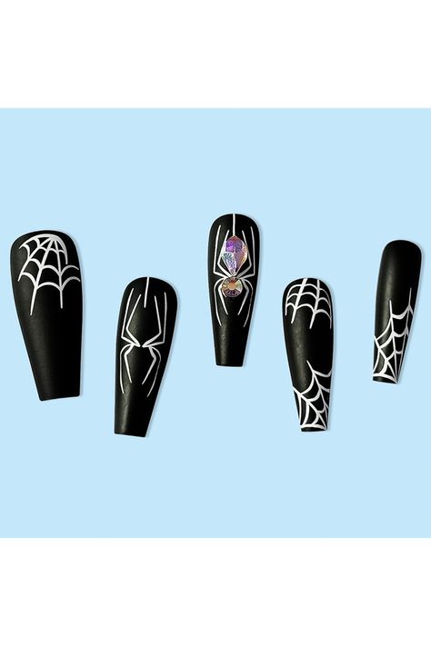 VOTACOS Halloween Press on Nails Long Coffin Fake Nails Black False Nails with Gem Web Spider Design Matte Stick on Nails for Women 705 Long Halloween Nails, Halloween Nail Art Diy, Halloween Fake Nails, Fake Nails Black, Matte Acrylic Nails, Web Spider, Spider Design, Press Nails, Press On Nails Long