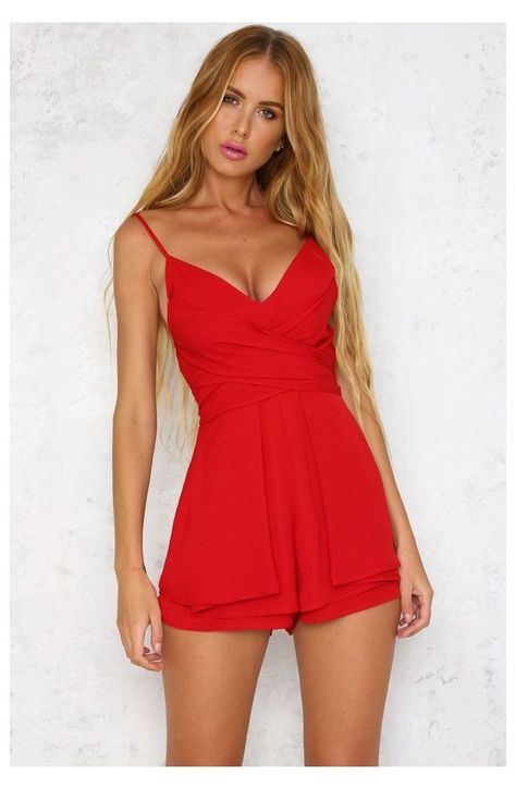 b5a1fc2085986034e448d2ccc5bb9703desc49123990ri Red Playsuit, Frock Models, Pink Playsuit, Girls In Mini Skirts, Red Romper, Outfit Look, Lace Up Heels, Playsuit, Lady In Red