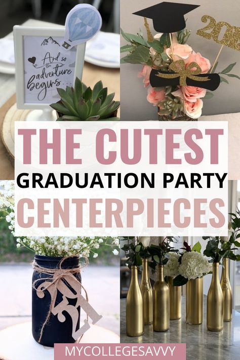 The cutest graduation party centerpieces High School Graduation Centerpieces, Graduation Party Table Centerpieces, Graduation Party Table Decorations, Centerpieces Graduation, Grad Party Centerpieces, Graduation Table Centerpieces, Graduation Centerpieces, High School Graduation Party Decorations, Graduation Table Decorations