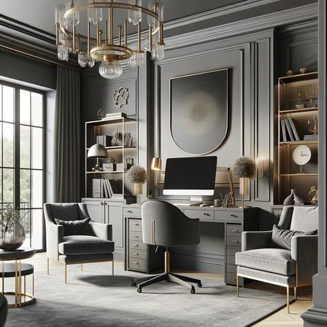 platinum gray home office Light Gray Office Walls, Blue Grey Home Office, Ceo Office Room Luxury, Luxury Modern Home Office, Dream Office Luxury, White Office Ideas, Gray Home Office, Moody Home Office, Luxury Office Interior