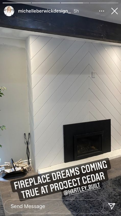 White Chevron Fireplace, Diagonal Shiplap, Panelled Fireplace, Chevron Fireplace, Modern Fireplace Ideas Living Rooms, Modern Fireplace Ideas, First Floor Remodel, Fireplace Feature, Fireplace Electric