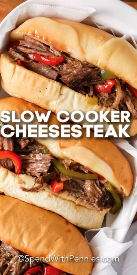 Crockpot Philly Cheesesteak sandwiches are a delicious homemade recipe. A beef roast is cooked in the slow cooker and served in a sub roll topped with provolone and peppers for an easy weeknight meal!  #spendwithpennies #crockpotphillycheesesteak #slowcooker #recipe #homemade #crockpot Slow Cooker Steak Sandwiches, Crockpot Philly Cheese Steak With Roast, Things To Make With Beef Roast, Crockpot Steak Sandwiches, Meals With Beef Roast, Chuck Roast Philly Cheese Steak, What To Do With A Beef Roast, Crockpot Philly Cheese Steak Easy, Recipes With Beef Roast