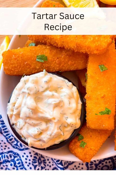 Whip up this Easy Tartar Sauce recipe with just 5 simple ingredients in only 5 minutes! Perfect for seafood lovers, this creamy homemade sauce is a game-changer for fish, shrimp, salmon and fries. Quick, delicious, and better than store-bought! Pin this quick and easy recipe to your favorite board today! Tater Sauce Recipe, Fish Sandwich Sauce, Tartar Sauce Recipe Easy, Easy Tartar Sauce, Sauce For Fish, Tartar Sauce Recipe, Sandwich Sauces, Homemade Tartar Sauce, Seafood Sauce