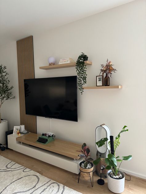 TV bench idea Tv Bench Decor, Tv Unit Plant Decor, Floating Shelves Living Room, Tv Bench, Bench Decor, Tv Unit, House Inspo, Floating Shelves, Floating