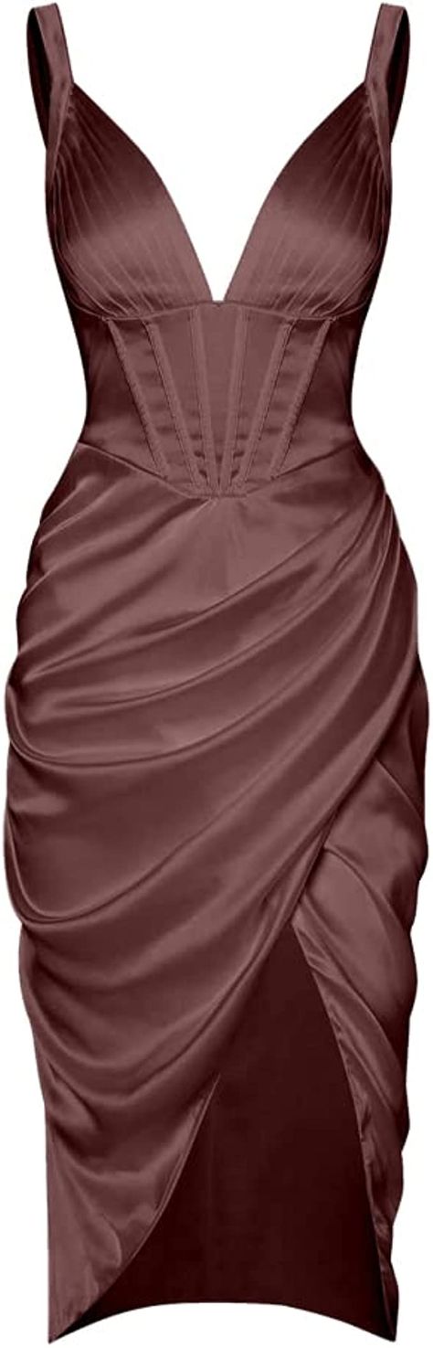 ZAFUL Women's Silky Pleated Draped Bustier Corset-Style Deep V Neck Midi Dress (A-Deep Coffee, L) at Amazon Women’s Clothing store Corset Dress Formal, Classy Clothing, Dress Skirts, Cowl Dress, Cami Midi Dress, Draped Skirt, Silky Dress, V Neck Midi Dress, Bustier Dress