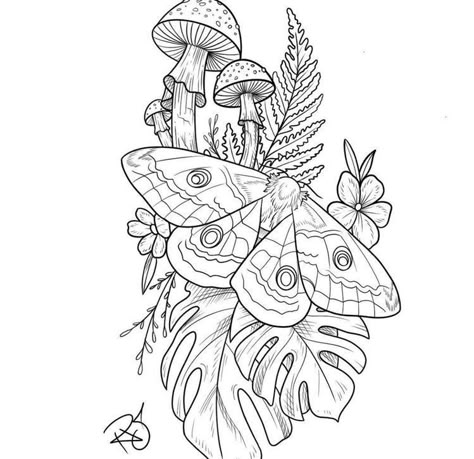 Artwork For Tattoos, Moth Shin Tattoos For Women, Feminine Memorial Tattoos For Women, Girly Goth Tattoo Ideas, Thigh Moth Tattoos Women, Moth And Plant Tattoo, Mushroom Moth Tattoo, Moth Tattoo Sleeve, Neotraditional Moth Tattoo