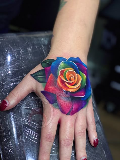 Colorful Hand Tattoos, Coloured Rose Tattoo, Tattoo Movie, Colorful Rose Tattoos, Rainbow Tattoo, Hand Tatto, Colored Tattoo, Rose Tattoo Meaning, Realistic Rose Tattoo