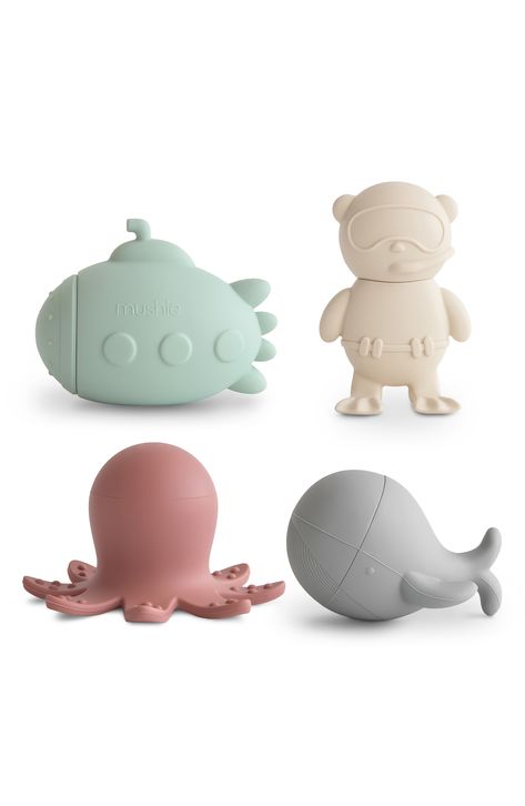 Let your child's imagination travel far and wide with this bath play set that includes a submarine, scuba diver, octopus and whale. Made from food-grade silicone, the soft material is easy for little hands to hold while wet or dry. Each toy opens into two separate pieces for thorough cleaning and fast drying. This feature allows the toys to remain mold-free with its easy-to-clean pieces that are dishwasher safe. Ages 10 months and up 0.55 lb. Set of four bath toys BPA-, BPS-, PVC- and phthalate- Rabbit Soft Toy, Nursery Bag, Gym Accessories, Musical Toys, Scuba Diver, Gross Motor Skills, Animal Heads, Play Set, Bath Toys