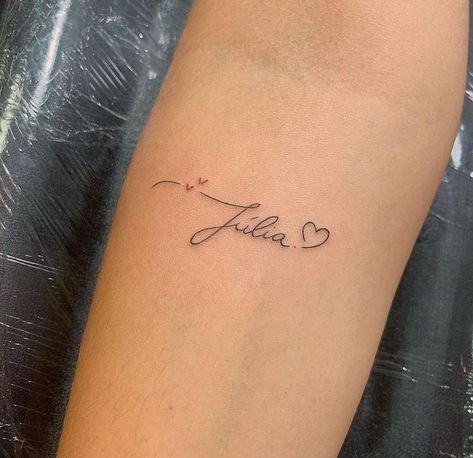 Parents Names Tattoo Ideas, Elegant Name Tattoos, Luca Name Tattoo, Olivia Tattoo Name, Name Tattoo With Design, Childs Name Tattoo Ideas For Women, Small Name Tattoos For Women, Tattoo Ideas For Names, Name Tattoo Placement