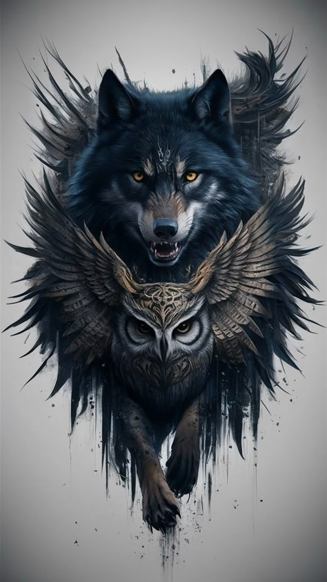 Wolf And Raven Tattoo Norse Mythology, Owl Tattoo Realism, Animal Chest Tattoo Men, Animal Cover Up Tattoo, Owl Wolf Tattoo, Owl And Wolf Tattoo, Wolf Head Tattoo, Wolf Dreamcatcher Tattoo, Wolf Tattoo Forearm