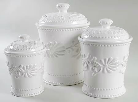 American Atelier, Bianca Leaf | Replacements, Ltd. White And Gray Kitchen, 3 Piece Kitchen Canister Set, Ceramic Canister Set, White Canisters, White Sunflower, Sunflower Kitchen, Kitchen Canister Set, Ceramic Canister, Gray Kitchen