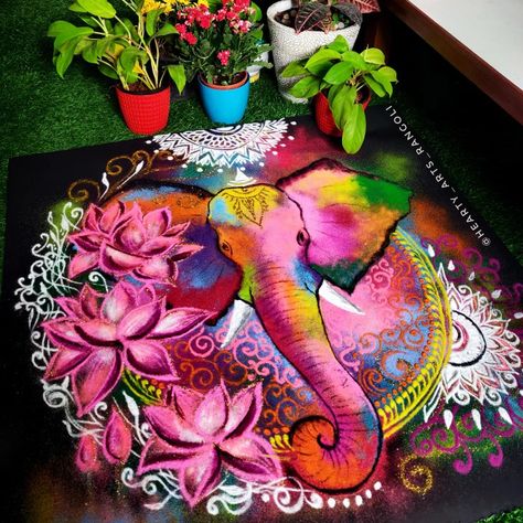 Rangoli Designs Elephant, Rangoli Elephant Design, Different Rangoli Ideas, Portrait Rangoli Designs, Rangoli Designs Painting, Elephant Rangoli Design, Rangoli With Paint, Poster Rangoli For Diwali, Rangoli Ideas Creative For Competition